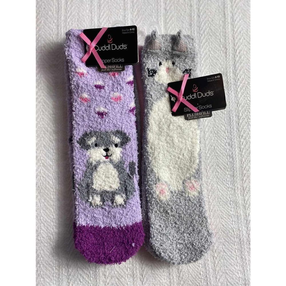 Cuddl Duds Girls Shoe Size 4-10 Lounge Crew Slipper Socks Total 4 Pr